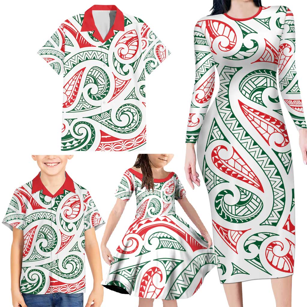 New Zealand Kowhaiwhai Christmas Family Matching Long Sleeve Bodycon Dress and Hawaiian Shirt Traditional Maori Koru Pattern LT9 - Polynesian Pride
