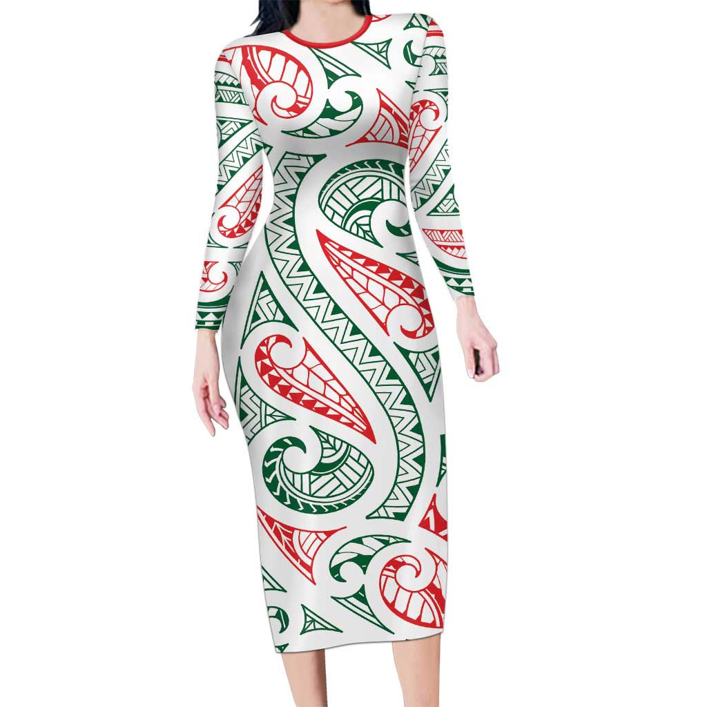 New Zealand Kowhaiwhai Christmas Family Matching Long Sleeve Bodycon Dress and Hawaiian Shirt Traditional Maori Koru Pattern LT9 Mom's Dress White - Polynesian Pride
