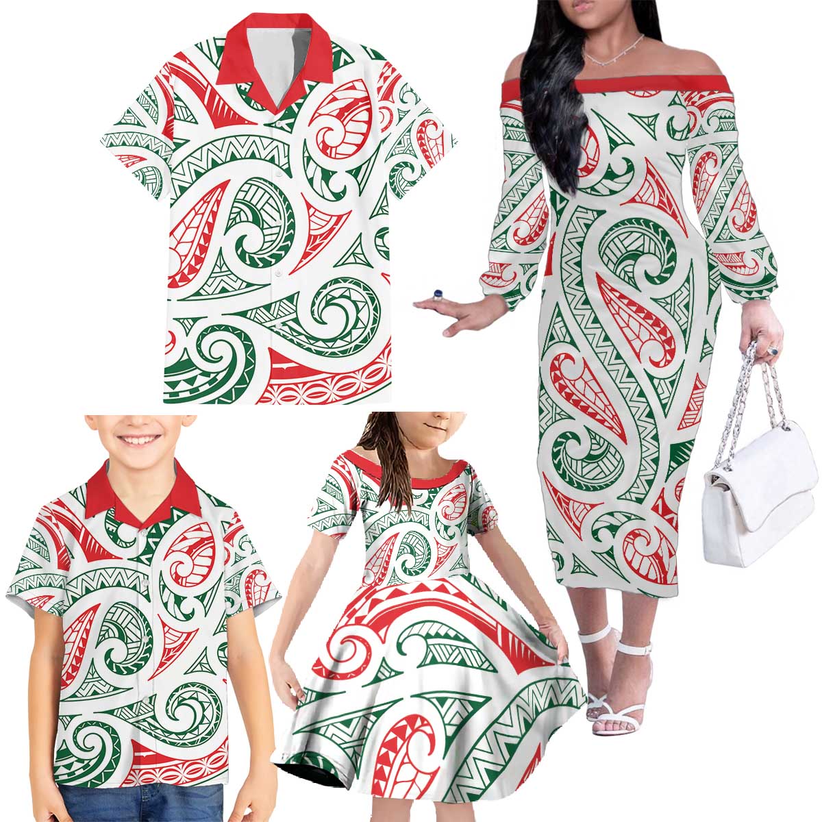 New Zealand Kowhaiwhai Christmas Family Matching Off The Shoulder Long Sleeve Dress and Hawaiian Shirt Traditional Maori Koru Pattern LT9 - Polynesian Pride