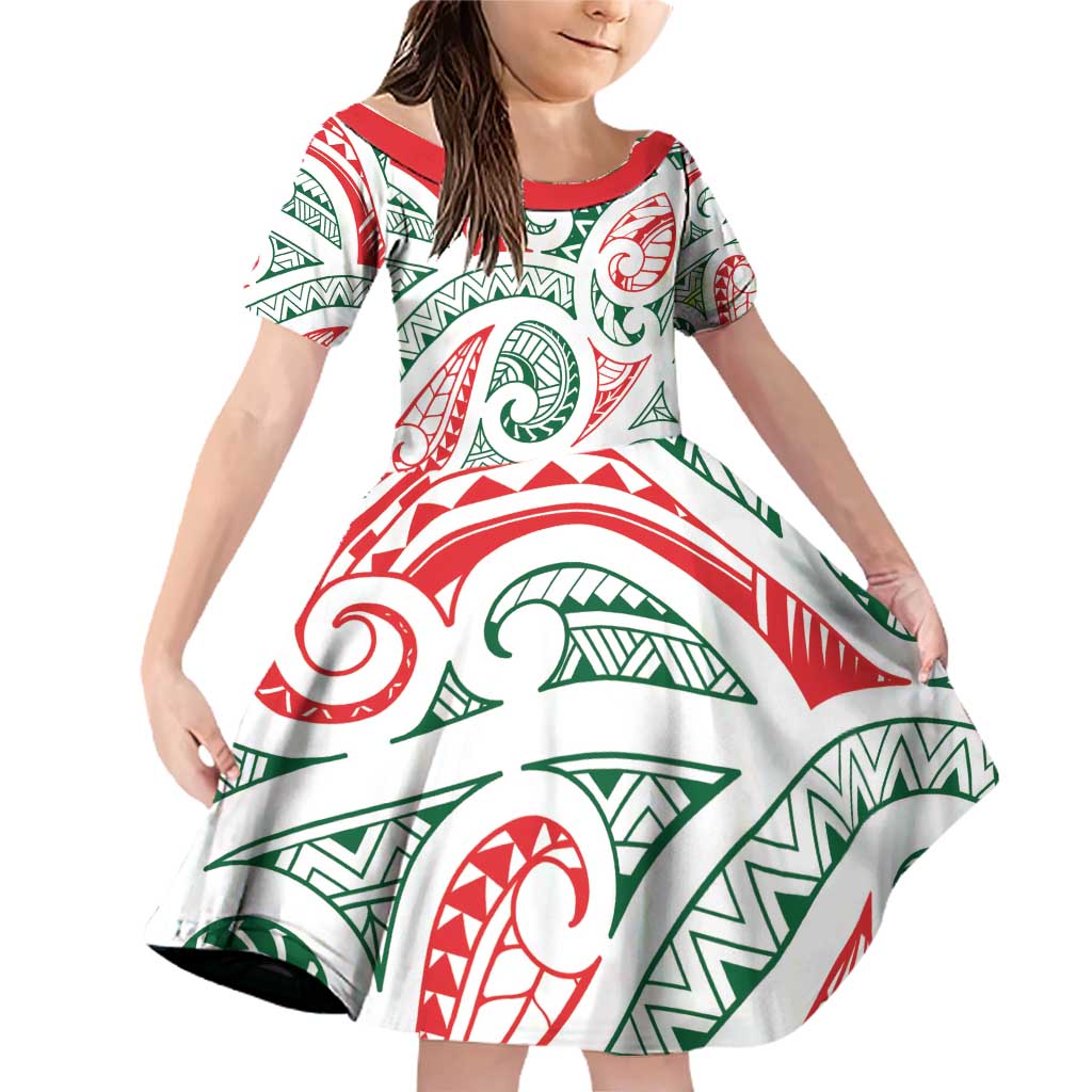 New Zealand Kowhaiwhai Christmas Family Matching Off Shoulder Short Dress and Hawaiian Shirt Traditional Maori Koru Pattern LT9 Daughter's Dress White - Polynesian Pride