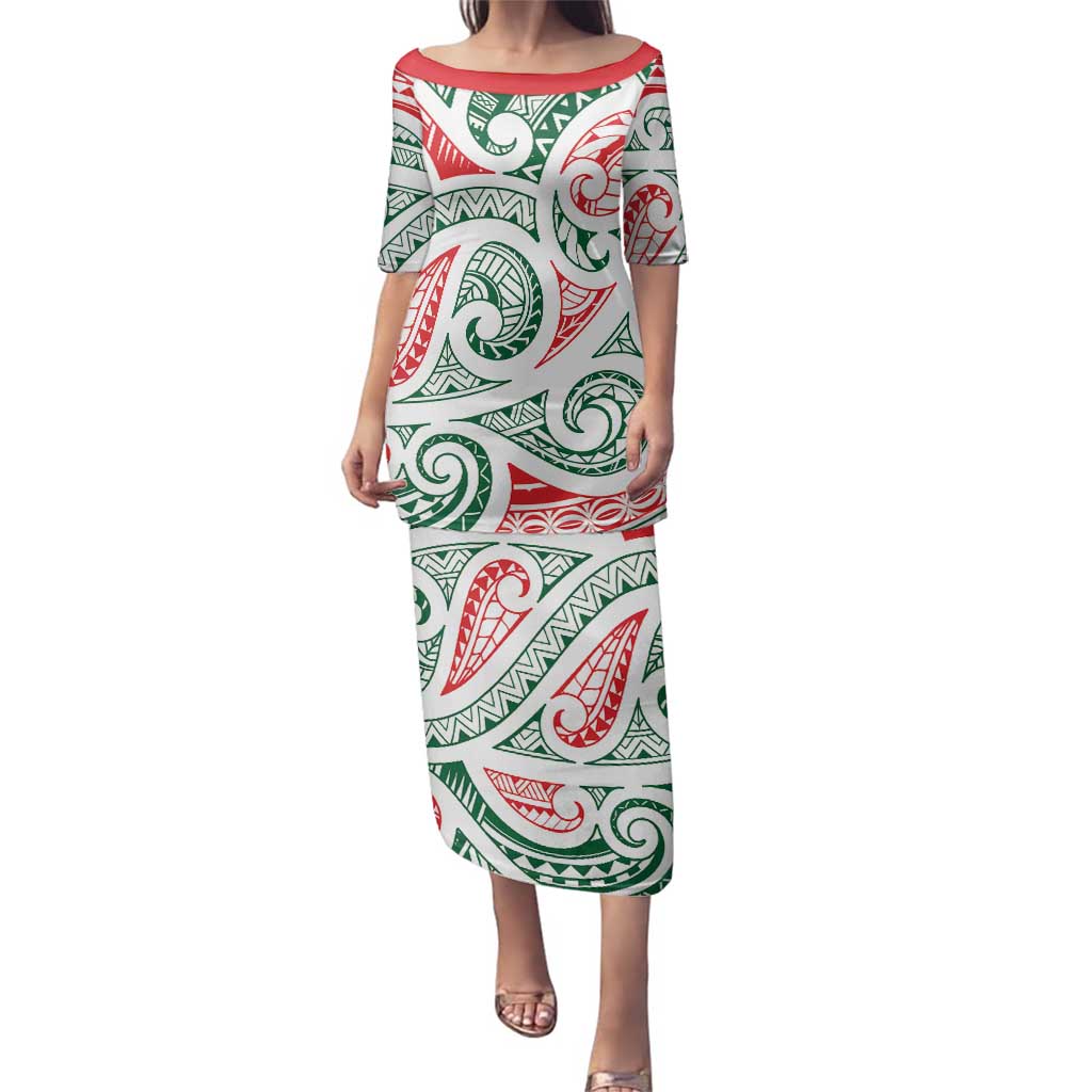 New Zealand Kowhaiwhai Christmas Family Matching Puletasi and Hawaiian Shirt Traditional Maori Koru Pattern LT9 Mom's Dress White - Polynesian Pride