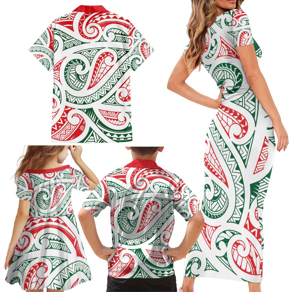 New Zealand Kowhaiwhai Christmas Family Matching Short Sleeve Bodycon Dress and Hawaiian Shirt Traditional Maori Koru Pattern LT9 - Polynesian Pride