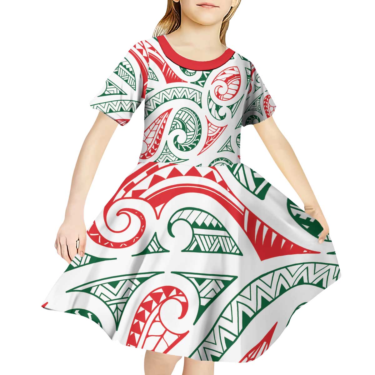New Zealand Kowhaiwhai Christmas Kid Short Sleeve Dress Traditional Maori Koru Pattern LT9 - Polynesian Pride