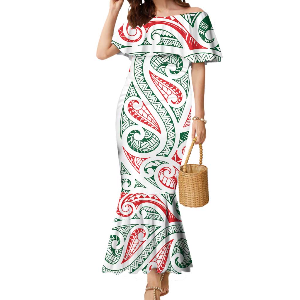 New Zealand Kowhaiwhai Christmas Mermaid Dress Traditional Maori Koru Pattern LT9 Women White - Polynesian Pride