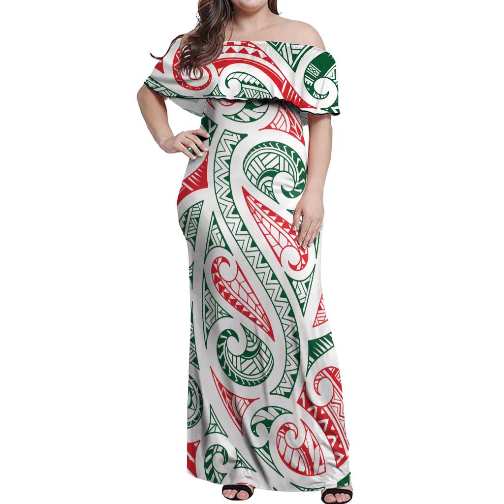 New Zealand Kowhaiwhai Christmas Off Shoulder Maxi Dress Traditional Maori Koru Pattern LT9 Women White - Polynesian Pride