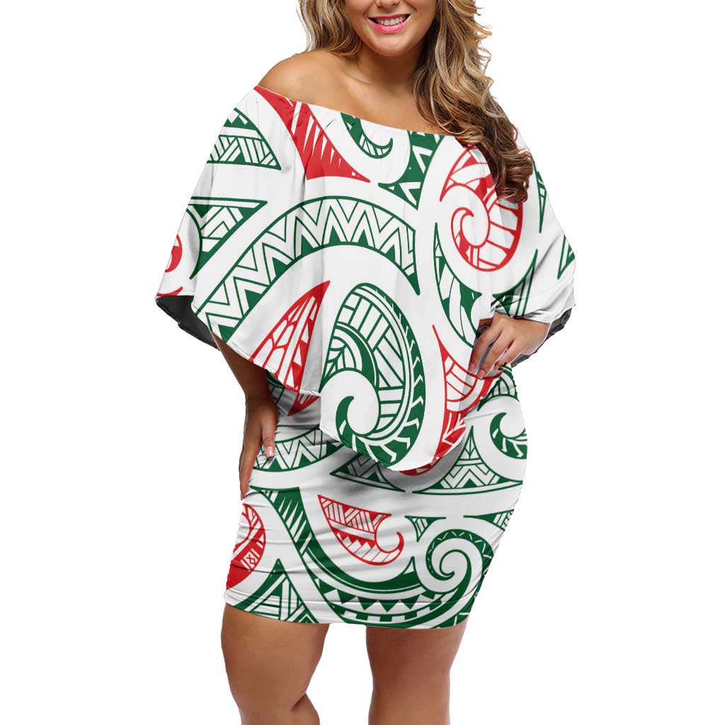 New Zealand Kowhaiwhai Christmas Off Shoulder Short Dress Traditional Maori Koru Pattern LT9 Women White - Polynesian Pride