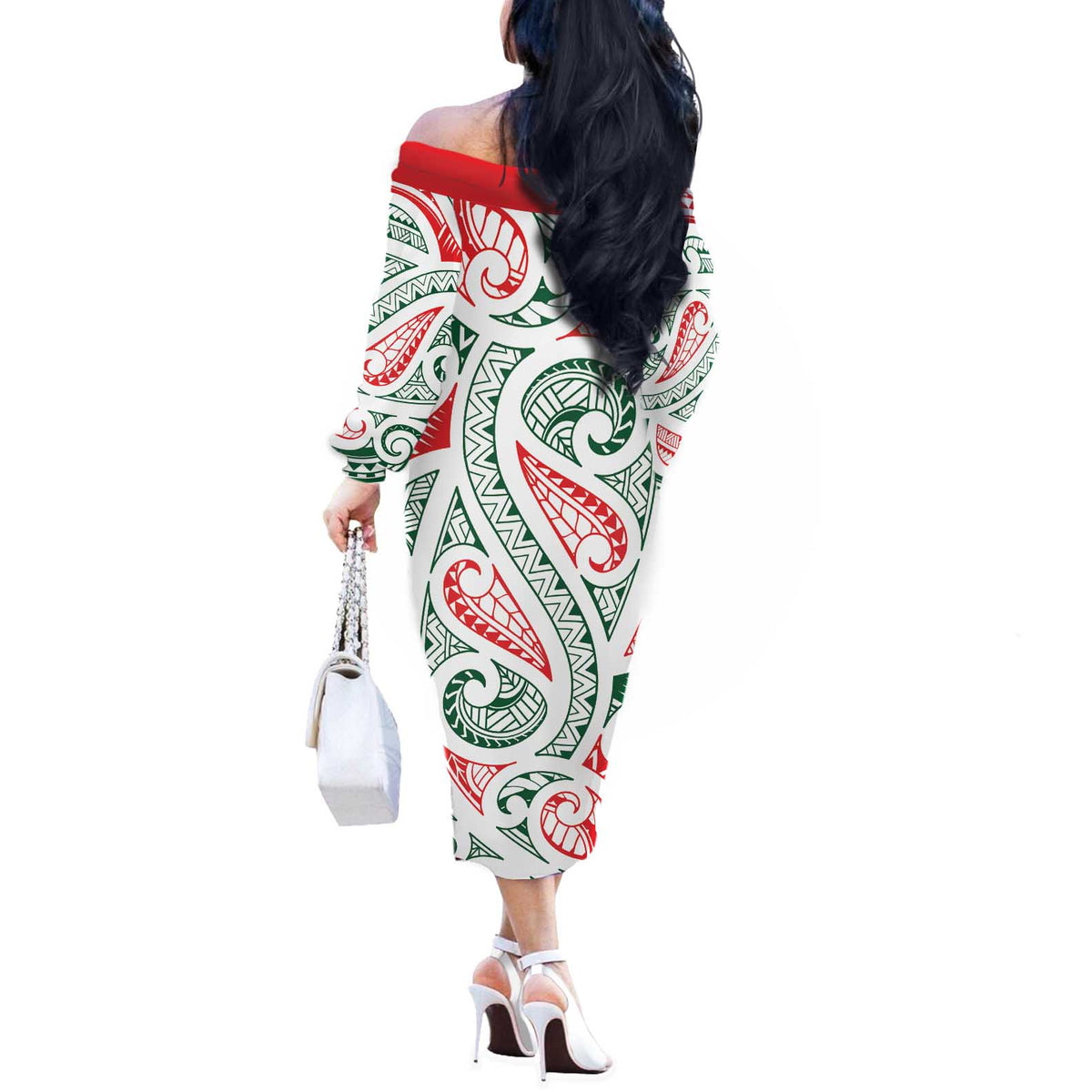 New Zealand Kowhaiwhai Christmas Off The Shoulder Long Sleeve Dress Traditional Maori Koru Pattern LT9 - Polynesian Pride
