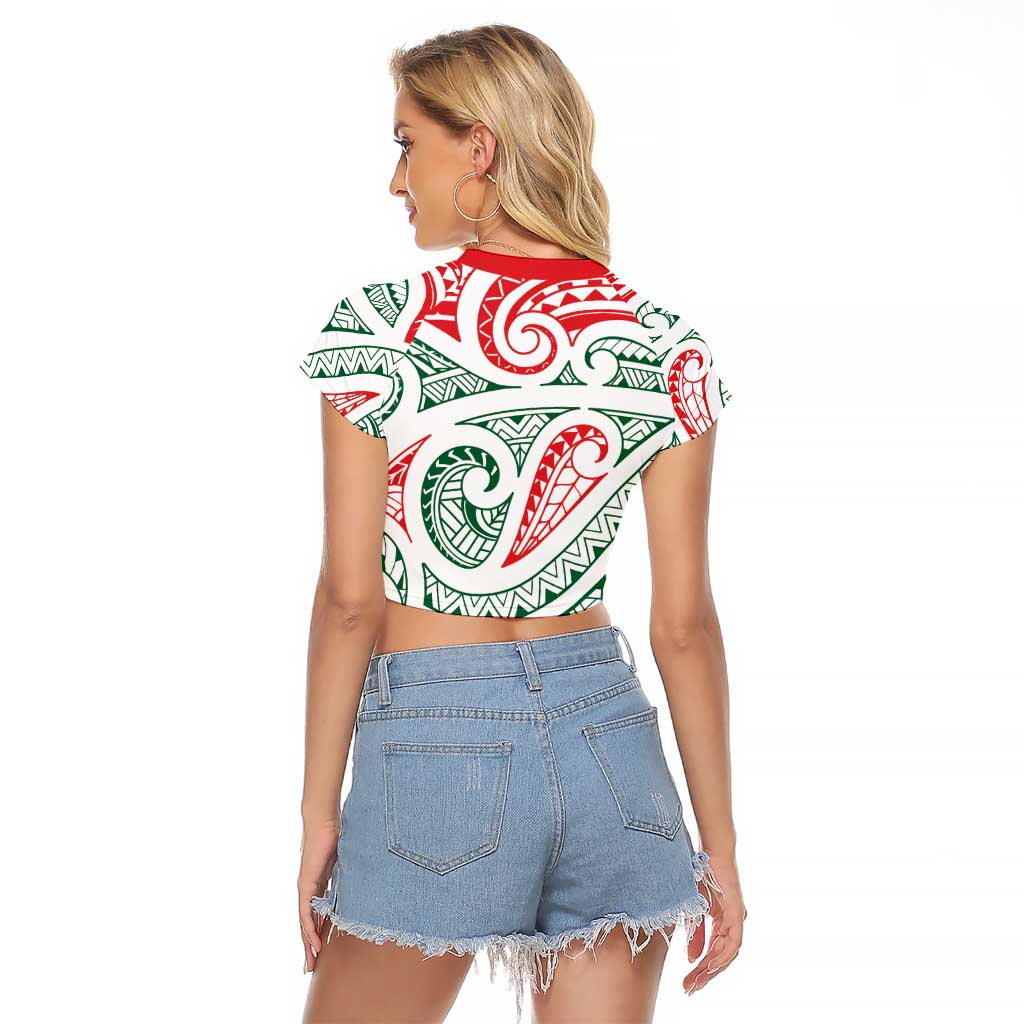 New Zealand Kowhaiwhai Christmas Raglan Cropped T Shirt Traditional Maori Koru Pattern LT9 - Polynesian Pride