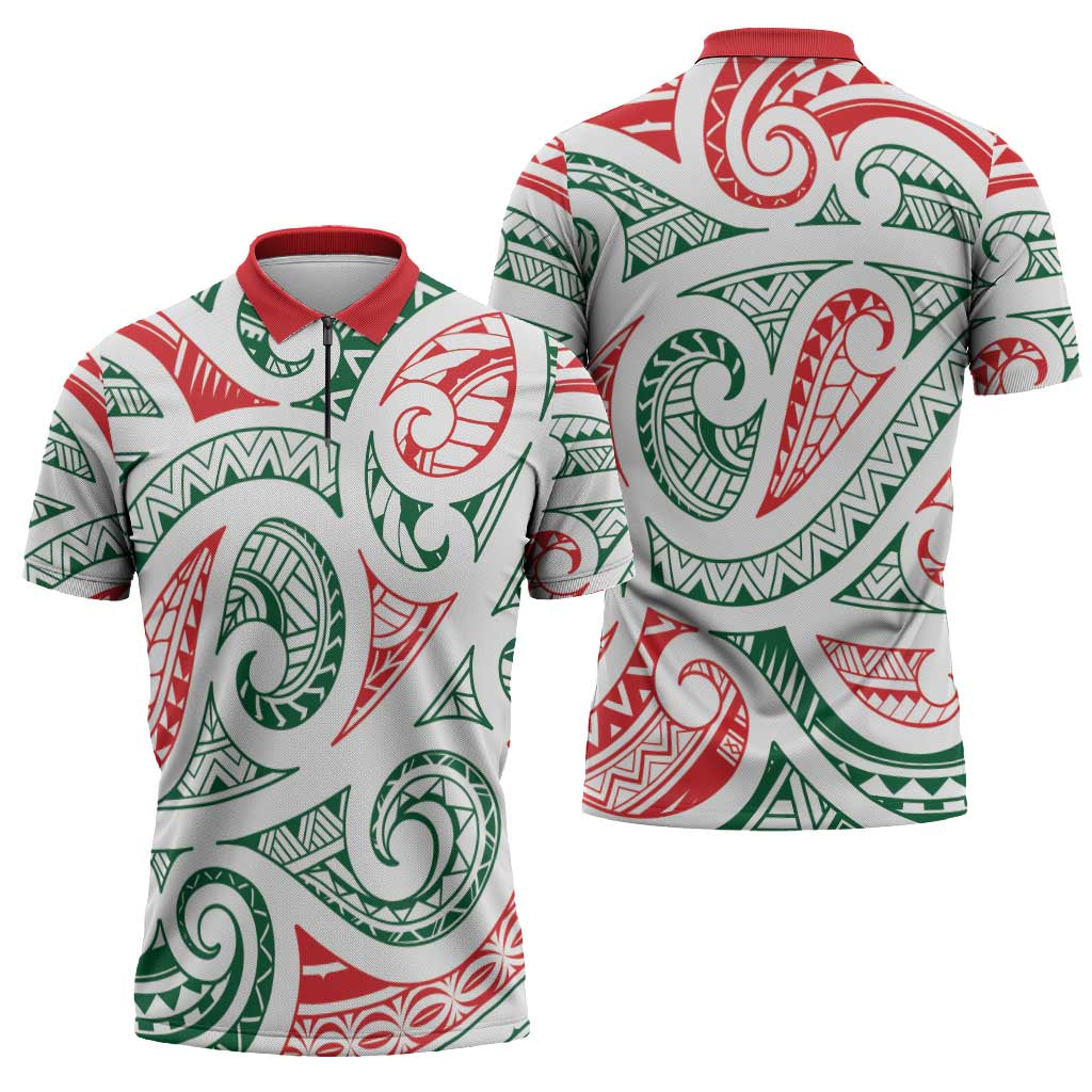 New Zealand Kowhaiwhai Christmas Zipper Polo Shirt Traditional Maori Koru Pattern LT9 - Polynesian Pride