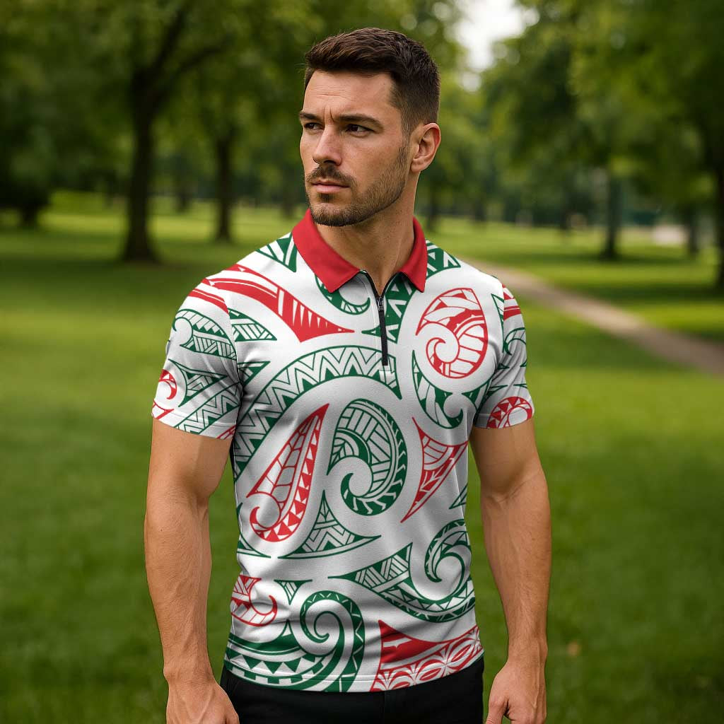 New Zealand Kowhaiwhai Christmas Zipper Polo Shirt Traditional Maori Koru Pattern LT9 - Polynesian Pride
