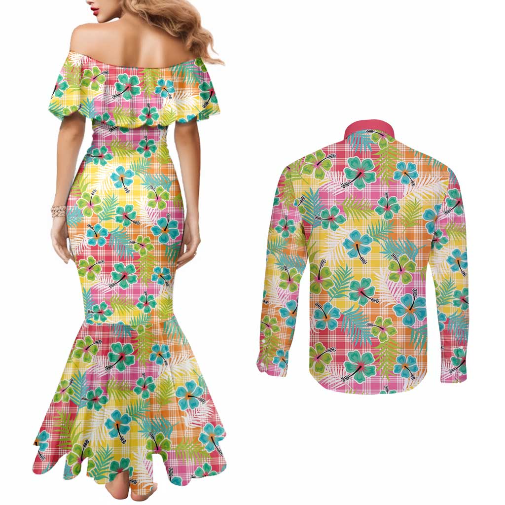 Hawaiian Palaka Couples Matching Mermaid Dress and Long Sleeve Button Shirt Hibiscus Palm Leaf Pattern - Polynesian Pride