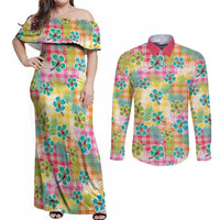 Hawaiian Palaka Couples Matching Off Shoulder Maxi Dress and Long Sleeve Button Shirt Hibiscus Palm Leaf Pattern - Polynesian Pride