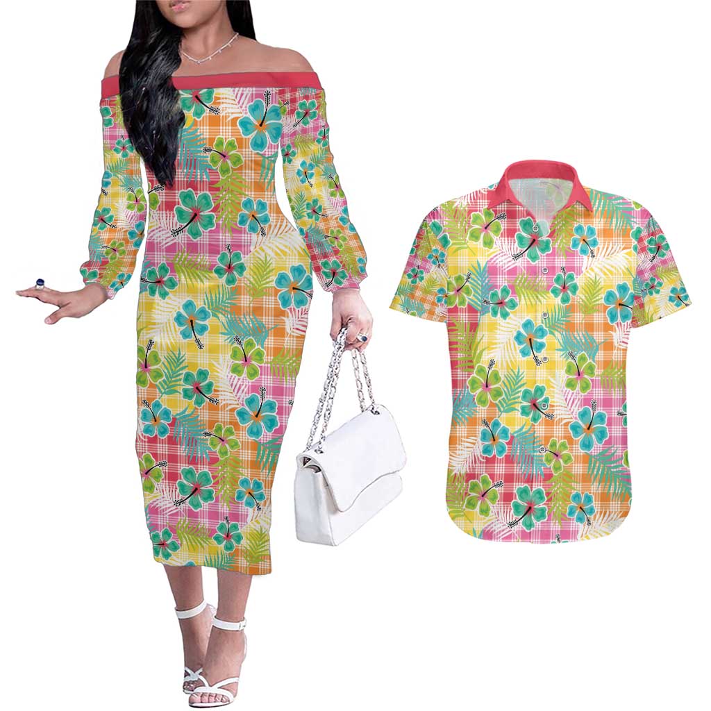 Hawaiian Palaka Couples Matching Off The Shoulder Long Sleeve Dress and Hawaiian Shirt Hibiscus Palm Leaf Pattern - Polynesian Pride