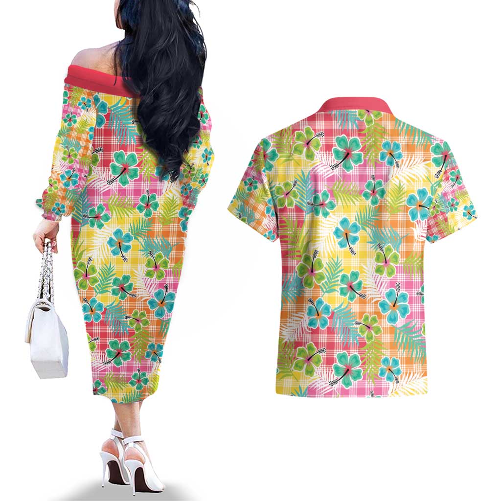Hawaiian Palaka Couples Matching Off The Shoulder Long Sleeve Dress and Hawaiian Shirt Hibiscus Palm Leaf Pattern - Polynesian Pride
