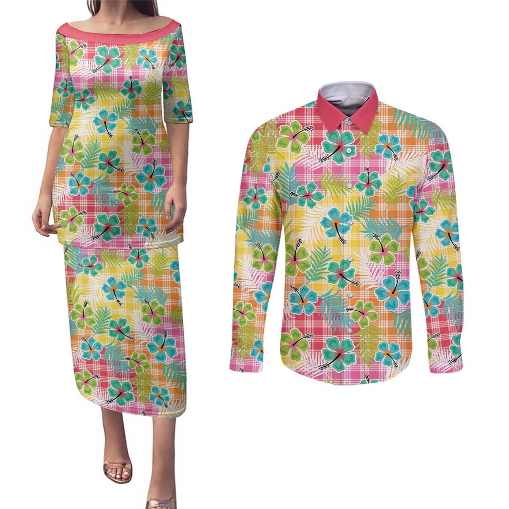 Hawaiian Palaka Couples Matching Puletasi and Long Sleeve Button Shirt Hibiscus Palm Leaf Pattern LT9 Yellow - Polynesian Pride