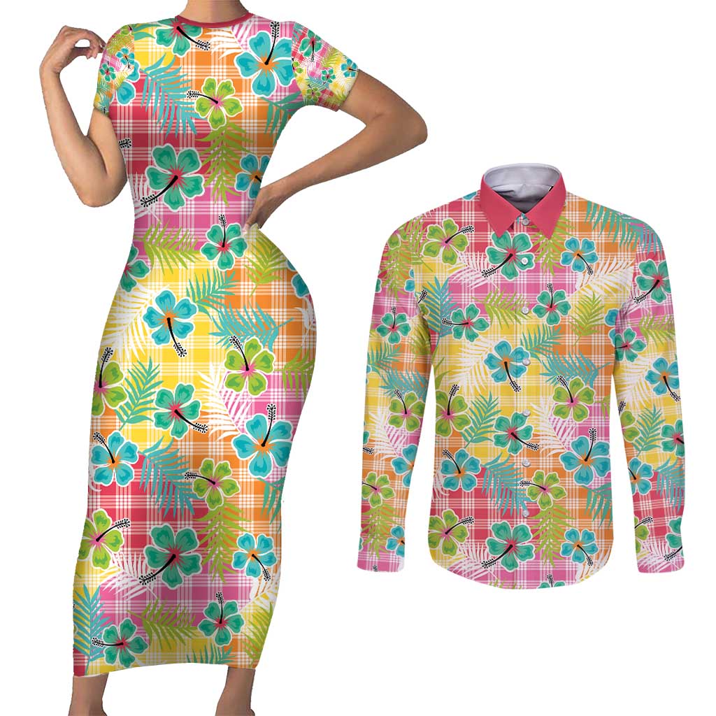 Hawaiian Palaka Couples Matching Short Sleeve Bodycon Dress and Long Sleeve Button Shirt Hibiscus Palm Leaf Pattern - Polynesian Pride