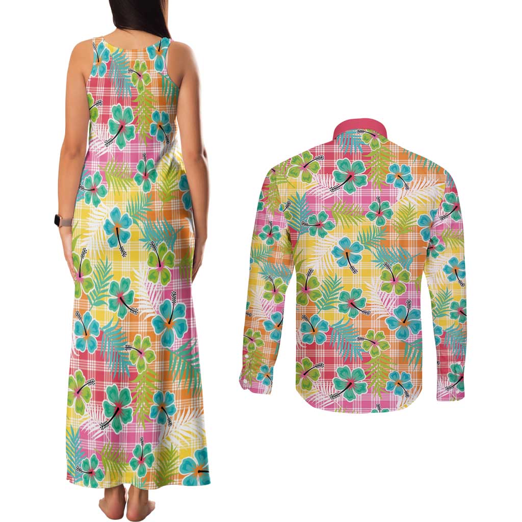 Hawaiian Palaka Couples Matching Tank Maxi Dress and Long Sleeve Button Shirt Hibiscus Palm Leaf Pattern - Polynesian Pride