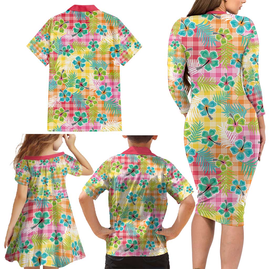 Hawaiian Palaka Family Matching Long Sleeve Bodycon Dress and Hawaiian Shirt Hibiscus Palm Leaf Pattern LT9 - Polynesian Pride
