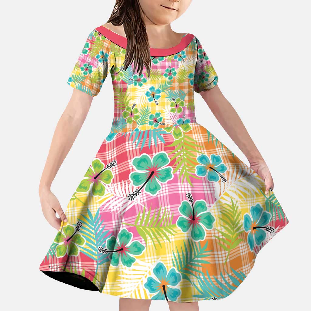 Hawaiian Palaka Family Matching Mermaid Dress and Hawaiian Shirt Hibiscus Palm Leaf Pattern LT9 Daughter's Dress Yellow - Polynesian Pride