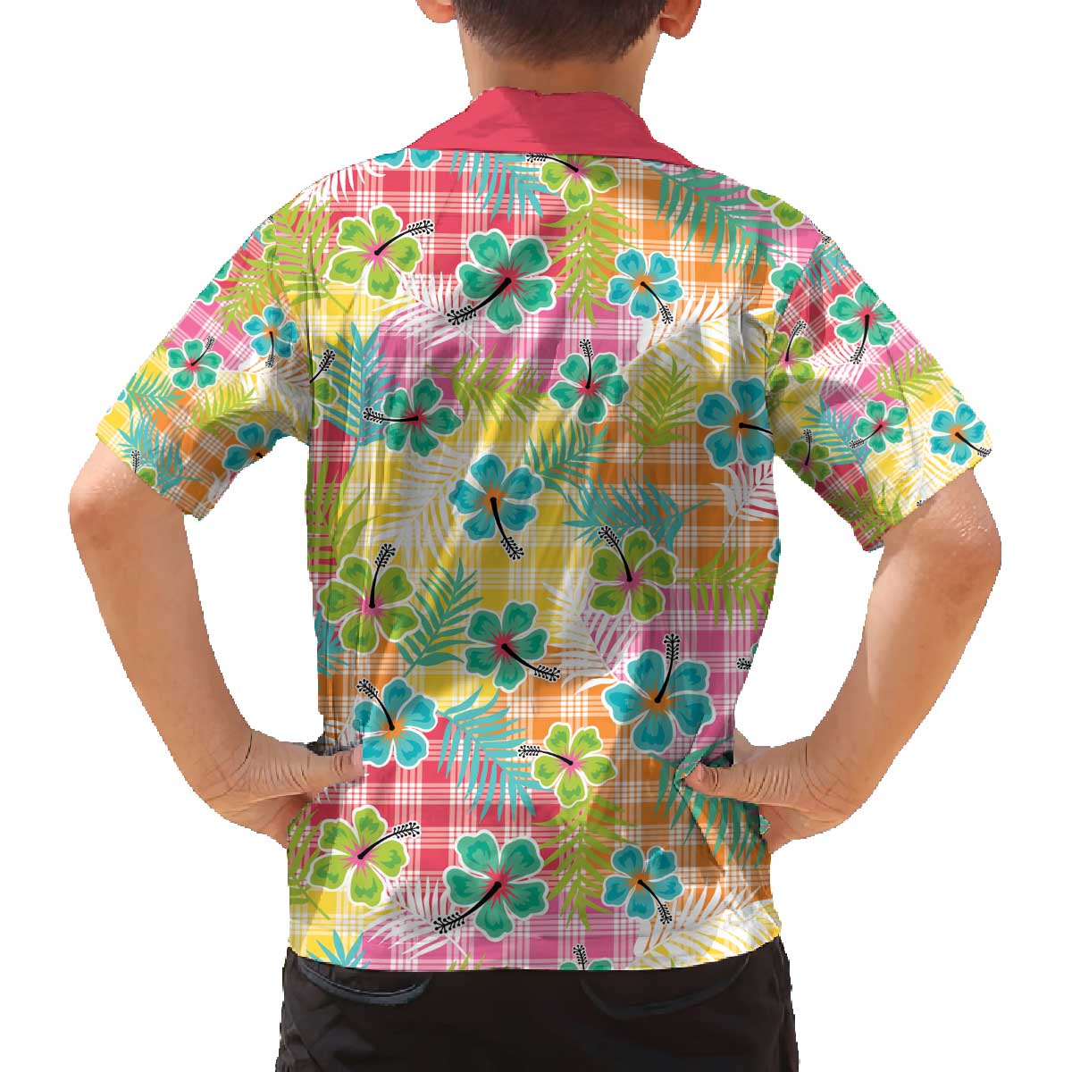 Hawaiian Palaka Family Matching Off The Shoulder Long Sleeve Dress and Hawaiian Shirt Hibiscus Palm Leaf Pattern LT9 - Polynesian Pride