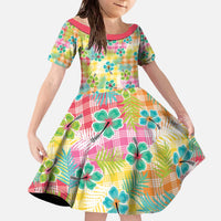 Hawaiian Palaka Family Matching Off The Shoulder Long Sleeve Dress and Hawaiian Shirt Hibiscus Palm Leaf Pattern LT9 Daughter's Dress Yellow - Polynesian Pride