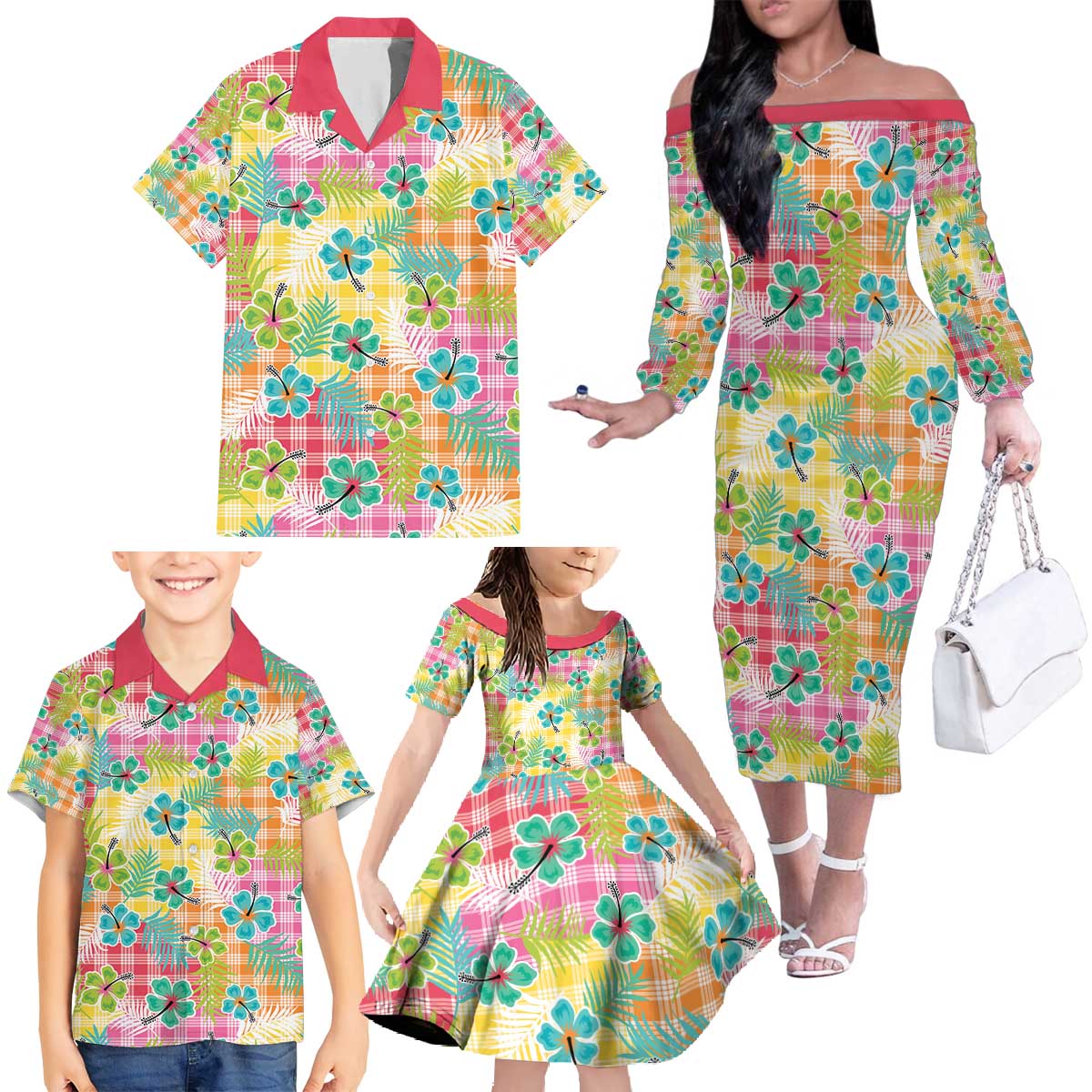 Hawaiian Palaka Family Matching Off The Shoulder Long Sleeve Dress and Hawaiian Shirt Hibiscus Palm Leaf Pattern LT9 - Polynesian Pride