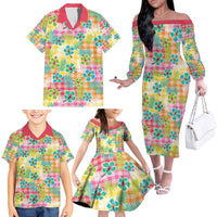 Hawaiian Palaka Family Matching Off The Shoulder Long Sleeve Dress and Hawaiian Shirt Hibiscus Palm Leaf Pattern LT9 - Polynesian Pride