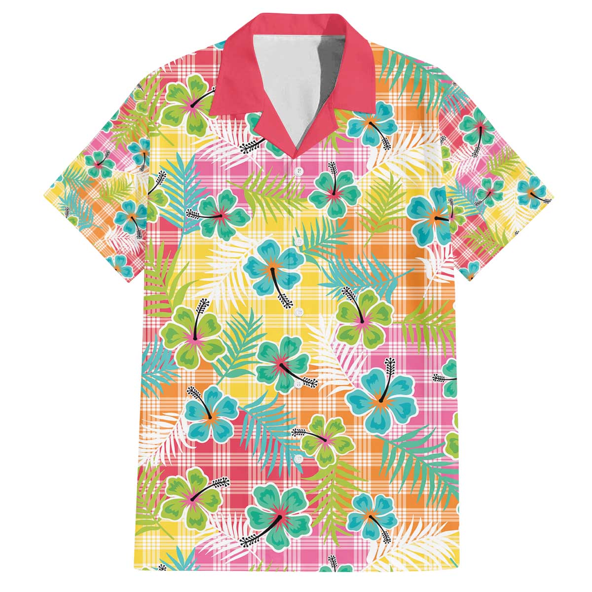 Hawaiian Palaka Family Matching Off The Shoulder Long Sleeve Dress and Hawaiian Shirt Hibiscus Palm Leaf Pattern LT9 Dad's Shirt - Short Sleeve Yellow - Polynesian Pride