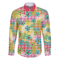 Hawaiian Palaka Family Matching Off The Shoulder Long Sleeve Dress and Hawaiian Shirt Hibiscus Palm Leaf Pattern LT9 Dad's Shirt - Long Sleeve Yellow - Polynesian Pride