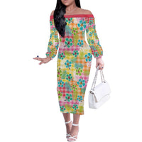 Hawaiian Palaka Family Matching Off The Shoulder Long Sleeve Dress and Hawaiian Shirt Hibiscus Palm Leaf Pattern LT9 Mom's Dress Yellow - Polynesian Pride