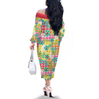 Hawaiian Palaka Family Matching Off The Shoulder Long Sleeve Dress and Hawaiian Shirt Hibiscus Palm Leaf Pattern LT9 - Polynesian Pride
