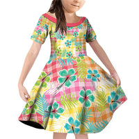 Hawaiian Palaka Family Matching Off Shoulder Short Dress and Hawaiian Shirt Hibiscus Palm Leaf Pattern LT9 Daughter's Dress Yellow - Polynesian Pride