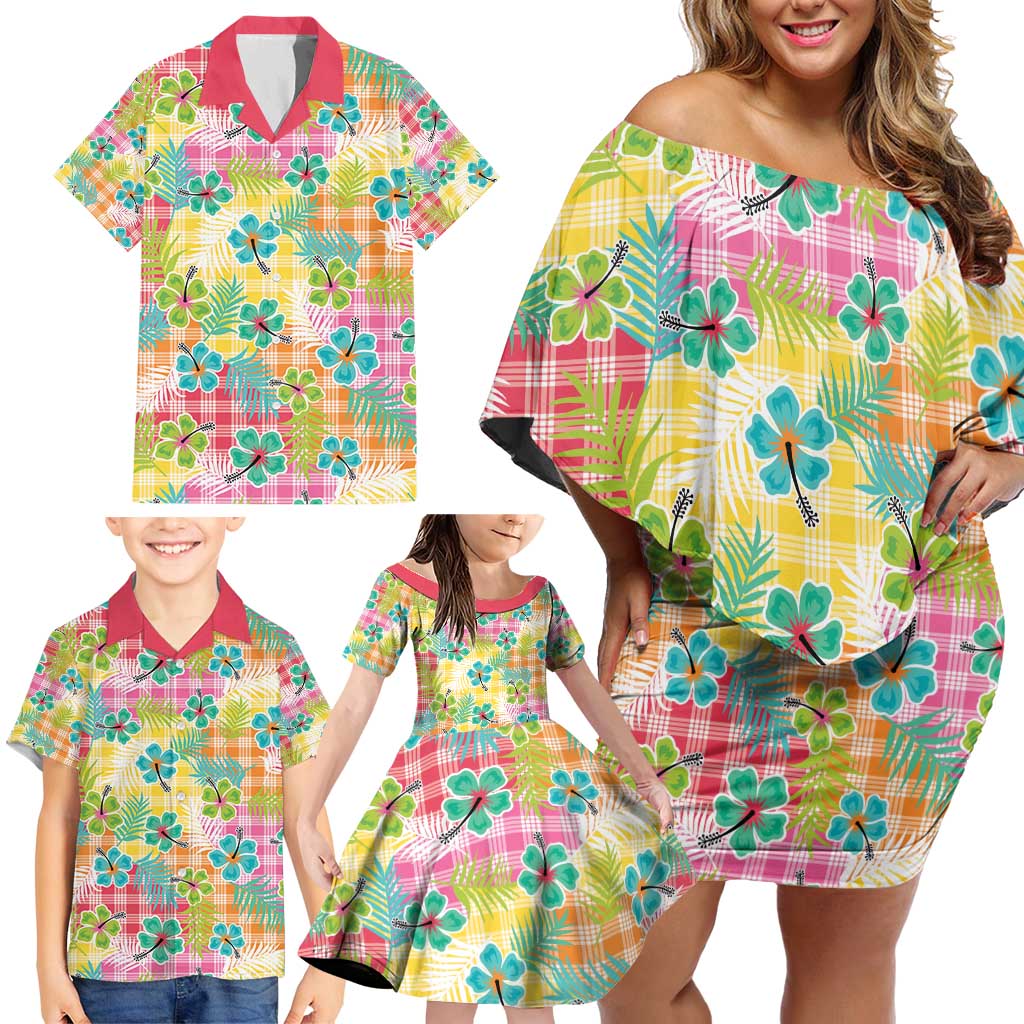 Hawaiian Palaka Family Matching Off Shoulder Short Dress and Hawaiian Shirt Hibiscus Palm Leaf Pattern LT9 - Polynesian Pride