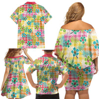 Hawaiian Palaka Family Matching Off Shoulder Short Dress and Hawaiian Shirt Hibiscus Palm Leaf Pattern LT9 - Polynesian Pride