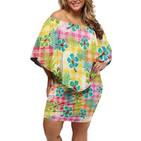 Hawaiian Palaka Family Matching Off Shoulder Short Dress and Hawaiian Shirt Hibiscus Palm Leaf Pattern LT9 Mom's Dress Yellow - Polynesian Pride