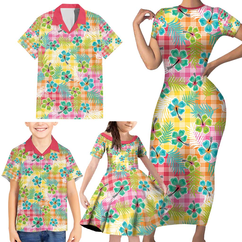 Hawaiian Palaka Family Matching Short Sleeve Bodycon Dress and Hawaiian Shirt Hibiscus Palm Leaf Pattern LT9 - Polynesian Pride