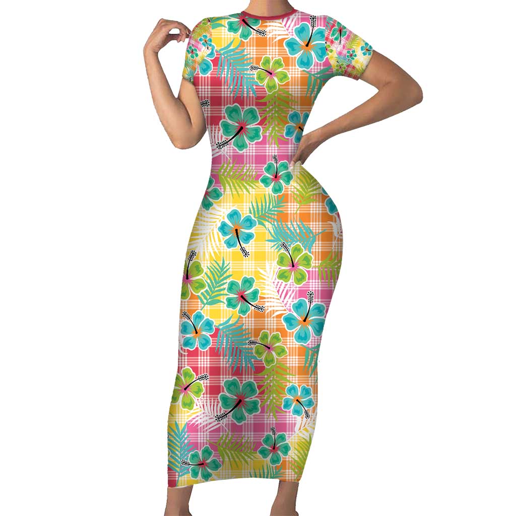 Hawaiian Palaka Family Matching Short Sleeve Bodycon Dress and Hawaiian Shirt Hibiscus Palm Leaf Pattern LT9 Mom's Dress Yellow - Polynesian Pride