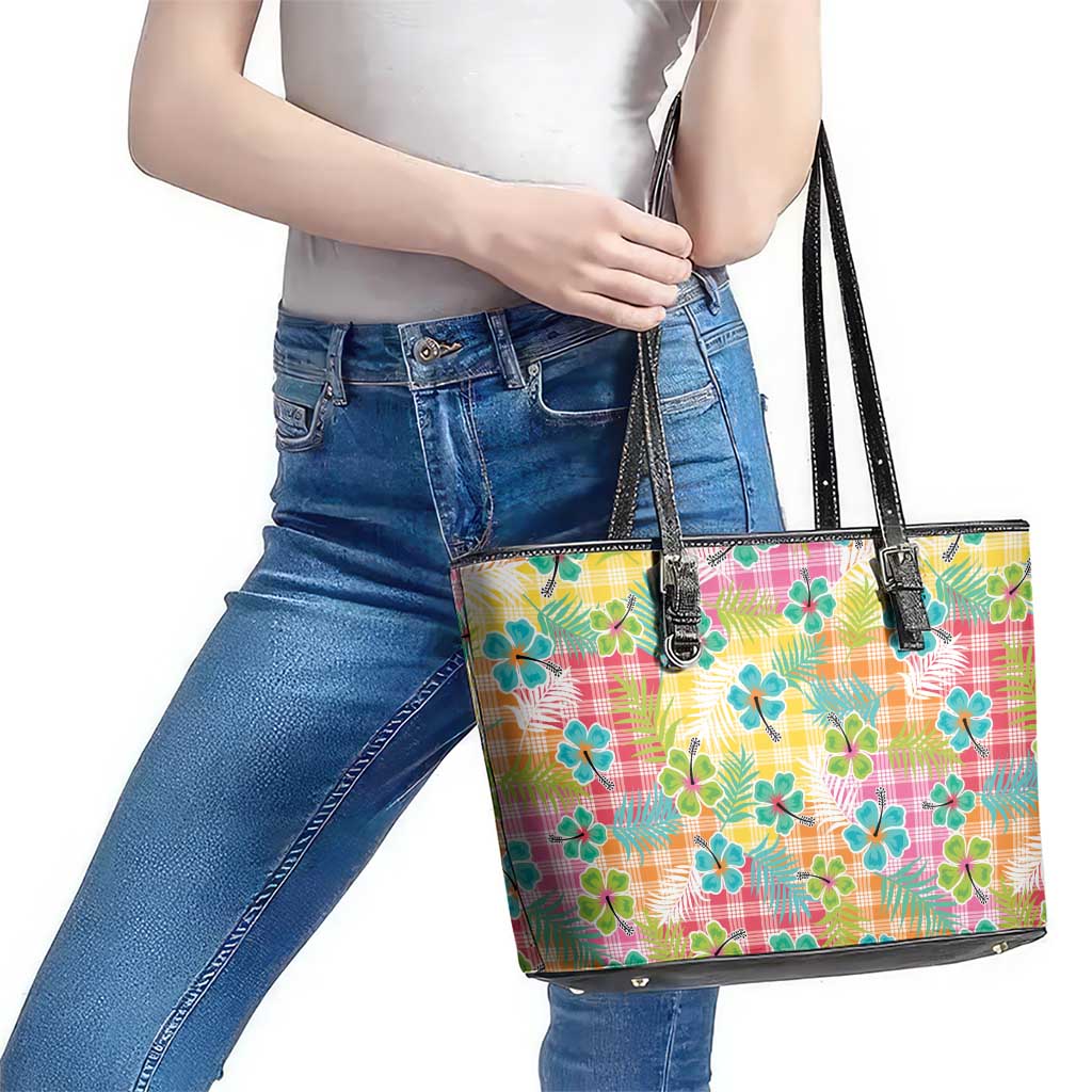 Hawaiian Palaka Leather Tote Bag Hibiscus Palm Leaf Pattern - Polynesian Pride