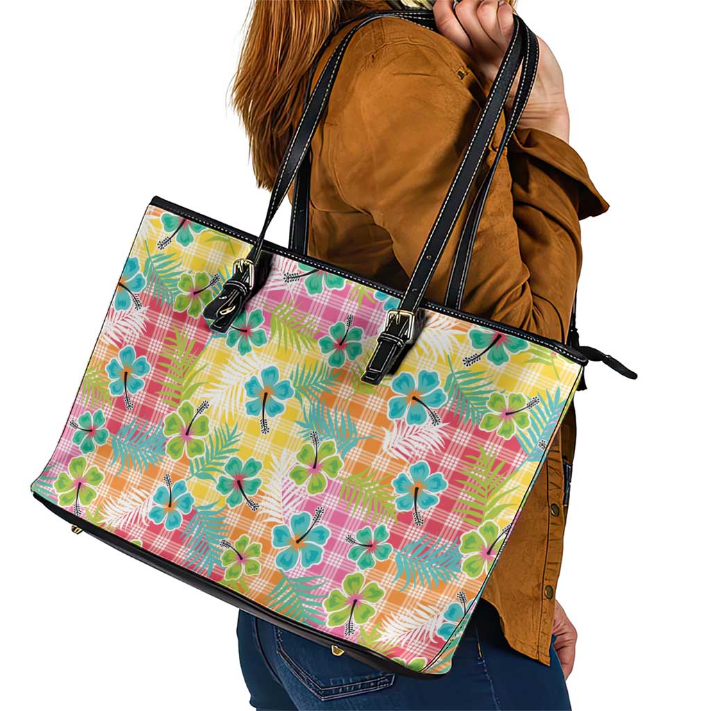Hawaiian Palaka Leather Tote Bag Hibiscus Palm Leaf Pattern - Polynesian Pride