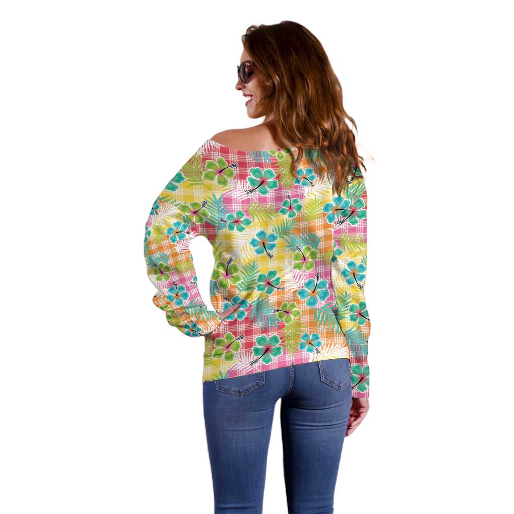 Hawaiian Palaka Off Shoulder Sweater Hibiscus Palm Leaf Pattern - Polynesian Pride