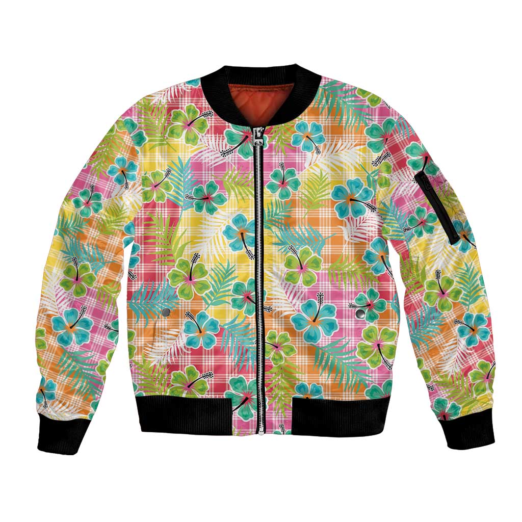 Hawaiian Palaka Sleeve Zip Bomber Jacket Hibiscus Palm Leaf Pattern LT9 Unisex Yellow - Polynesian Pride