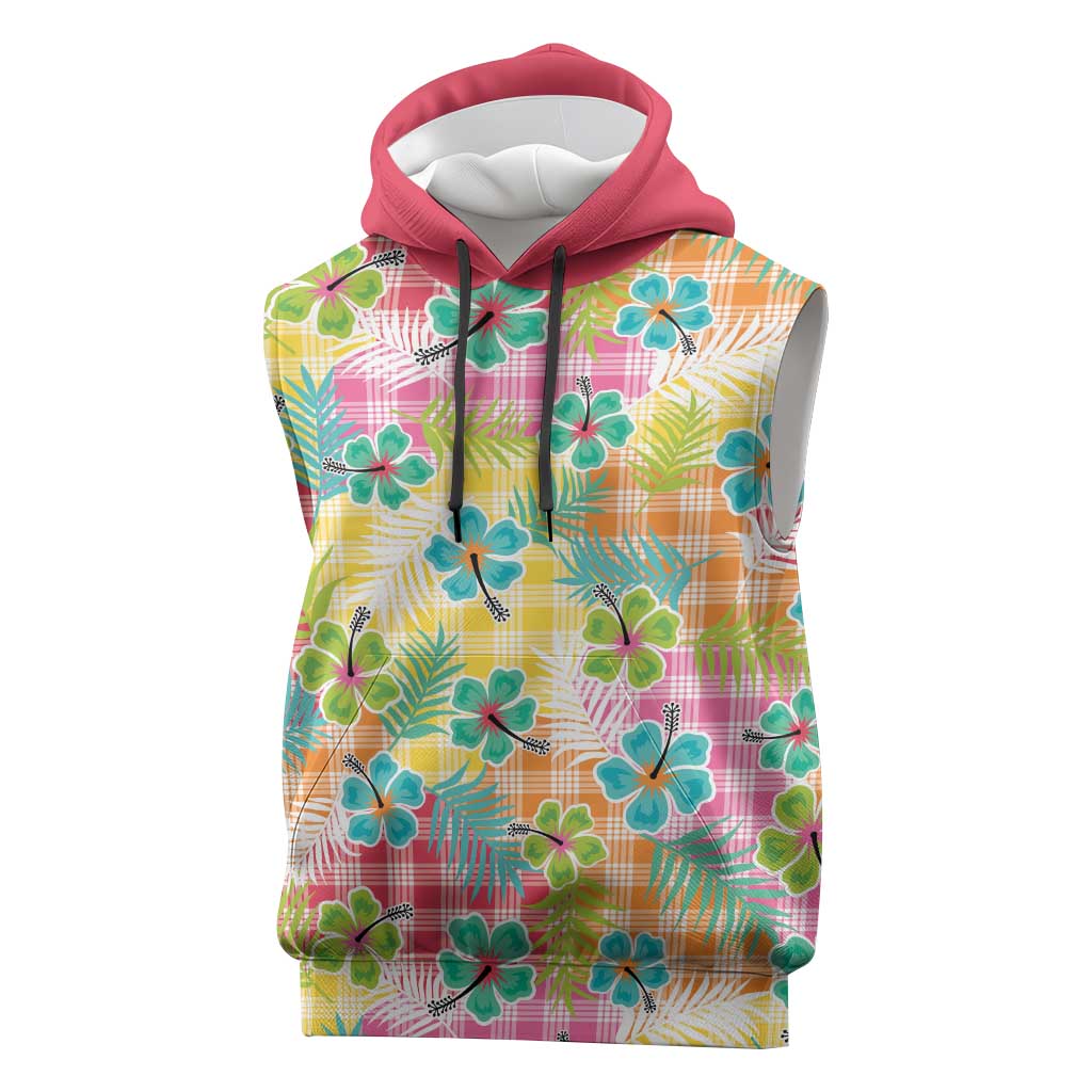 Hawaiian Palaka Sleeveless Hoodie Hibiscus Palm Leaf Pattern LT9 Yellow - Polynesian Pride