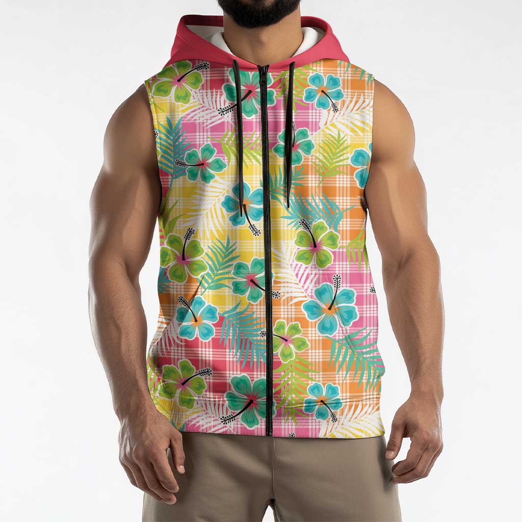 Hawaiian Palaka Sleeveless Zip Hoodie Hibiscus Palm Leaf Pattern - Polynesian Pride
