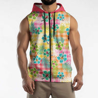 Hawaiian Palaka Sleeveless Zip Hoodie Hibiscus Palm Leaf Pattern - Polynesian Pride