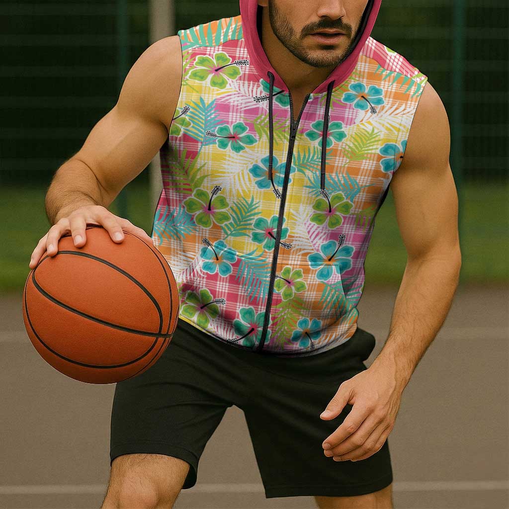 Hawaiian Palaka Sleeveless Zip Hoodie Hibiscus Palm Leaf Pattern - Polynesian Pride