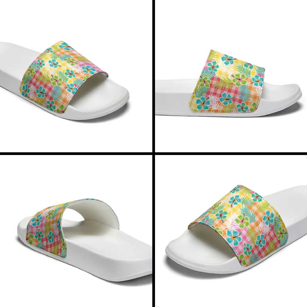 Hawaiian Palaka Slide Sandals Hibiscus Palm Leaf Pattern - Polynesian Pride