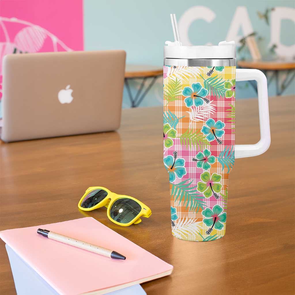 Hawaiian Palaka Tumbler With Handle Hibiscus Palm Leaf Pattern - Polynesian Pride