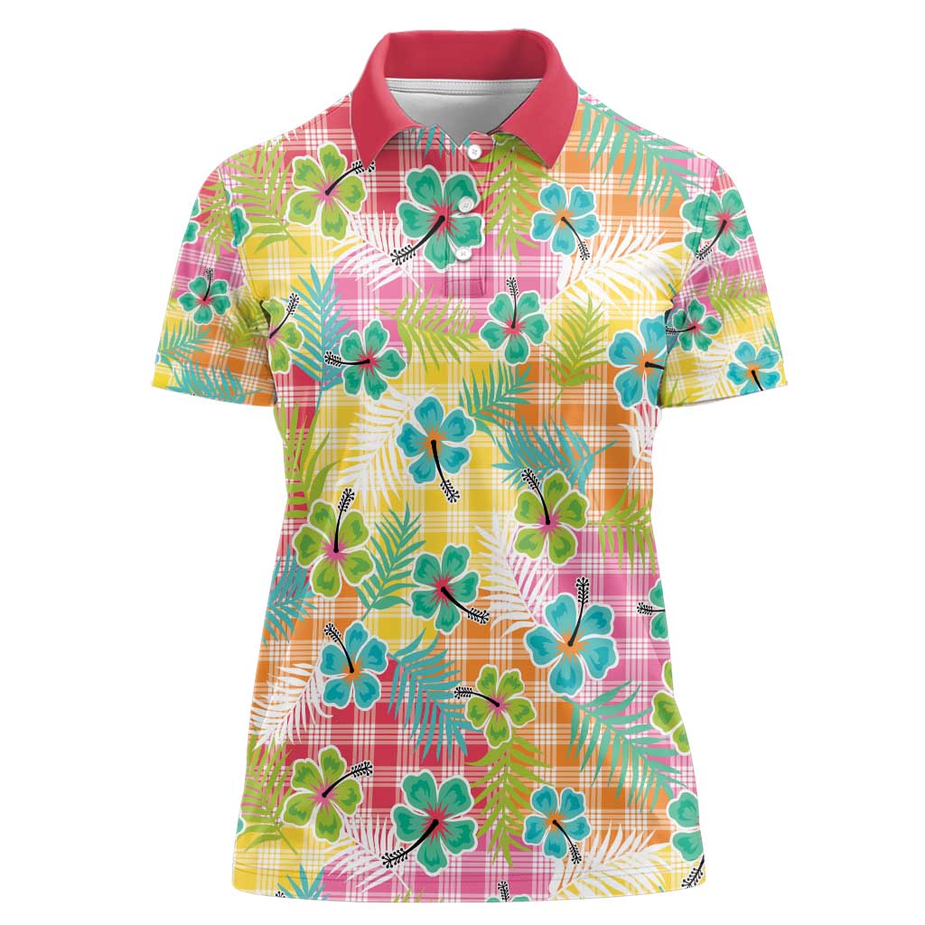 Hawaiian Palaka Women Polo Shirt Hibiscus Palm Leaf Pattern - Polynesian Pride