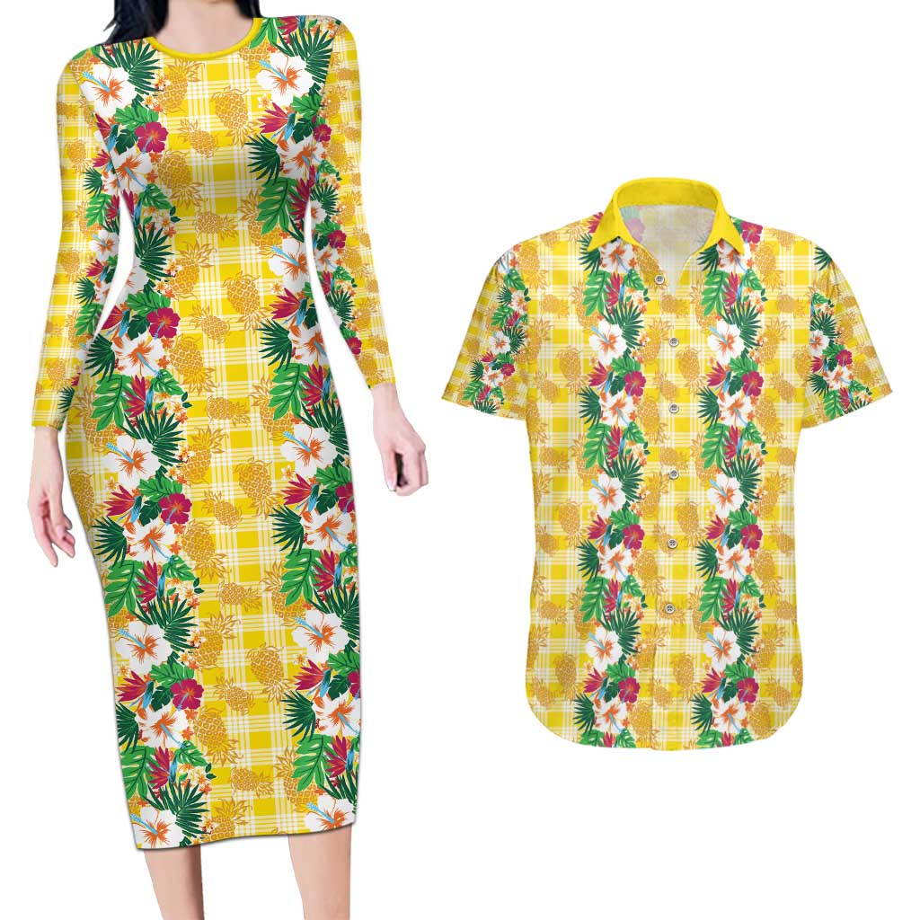 Hawaiian Palaka Couples Matching Long Sleeve Bodycon Dress and Hawaiian Shirt Hibiscus Pineapple Lei LT9 Yellow - Polynesian Pride