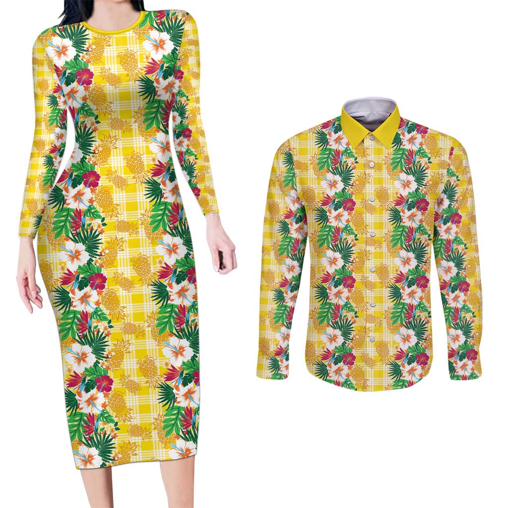 Hawaiian Palaka Couples Matching Long Sleeve Bodycon Dress and Long Sleeve Button Shirt Hibiscus Pineapple Lei LT9 Yellow - Polynesian Pride